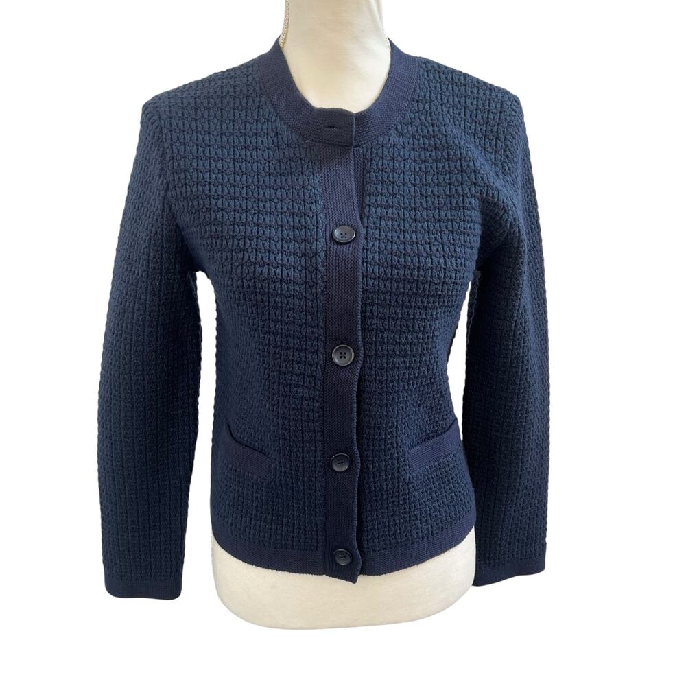 Uniqlo Navy Textured Knit Cardigan Women’s Small Button Front Cotton Blend EUC